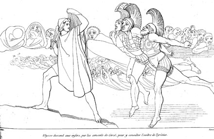 Flaxman: Ulysse descend aux enfers, par les conseils de Circé ; pour y consulter l'ombre de Tyrésias