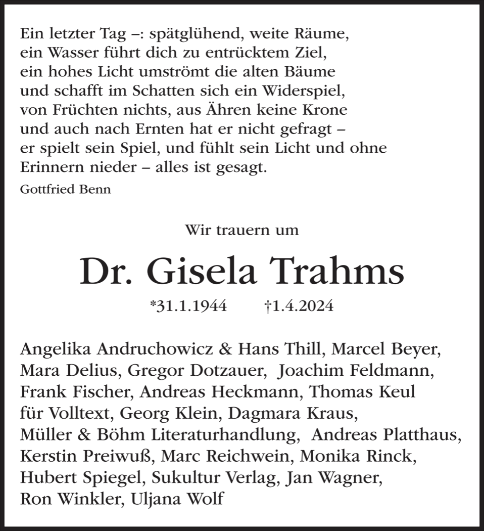Traueranzeige für Gisela Trahms, FAZ, 13. April 2024
